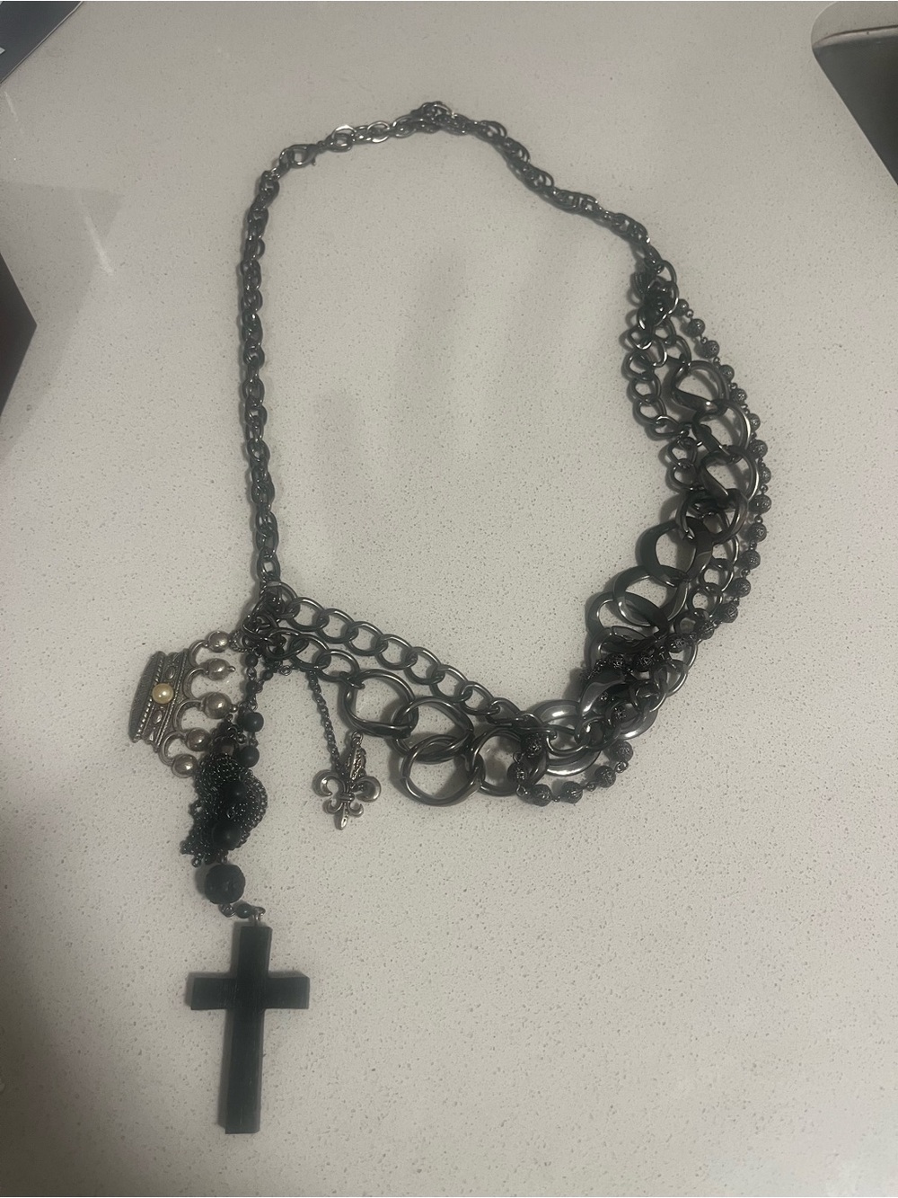 Black Multi-Chain Goth Glam Cross Pendant Necklace - Women Jewelry